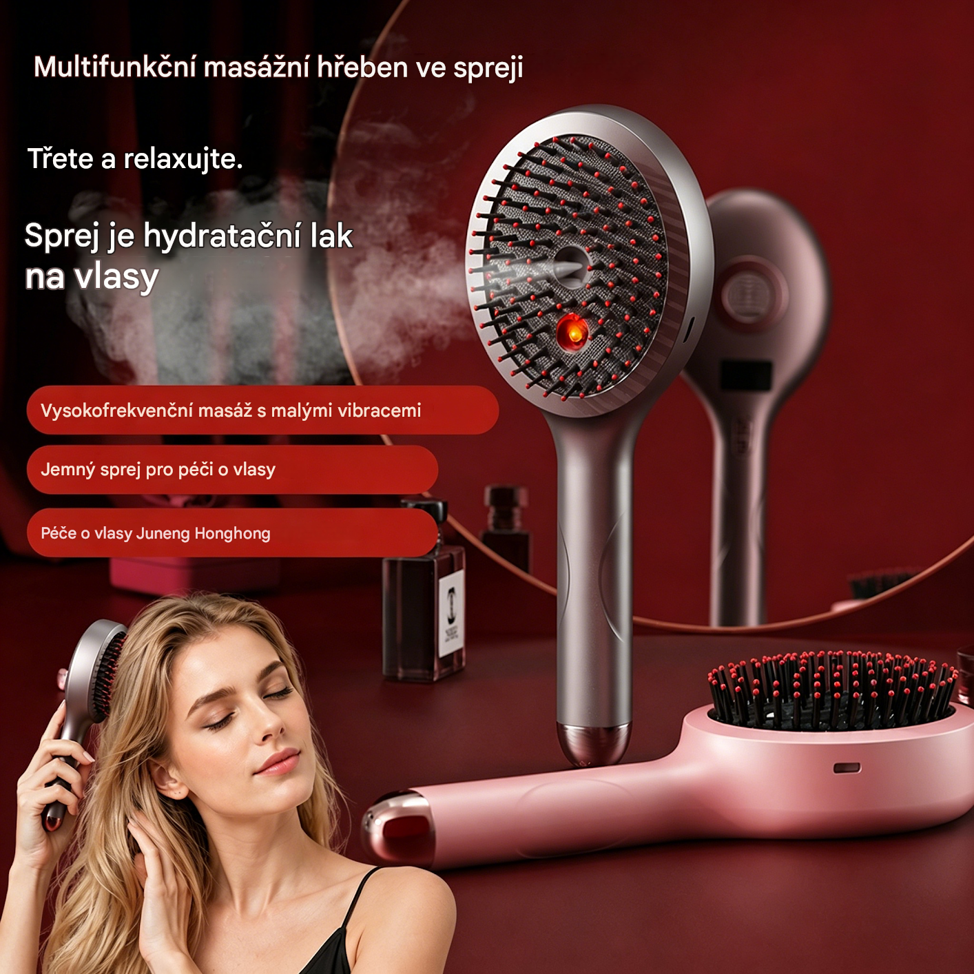 💆‍♀️Masážní hřeben s rozprašovačem uvolňuje pokožku hlavy, masážní hřeben pro styling a péči o vlasy pro domácí použití s vibrační masáží