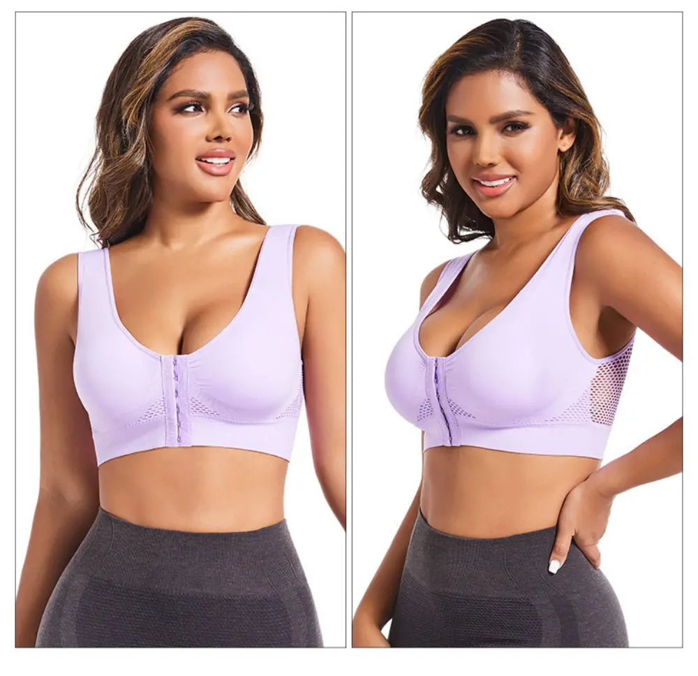 🧘‍♀️👙【Kupte 2, 1 dostanete zdarma】【S-6XL】Sportovní podprsenka s předním zapínáním, bez kostic, s push-up efektem a střihem na zádech