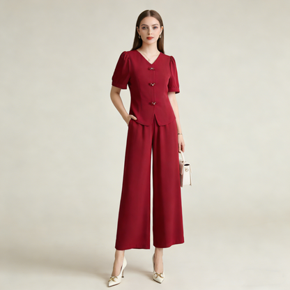 🌸【M-5XL】 Tavaszi divatos jégselyem női szett – Felső + bő szárú nadrág