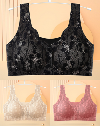 😍【3sztuk】【40-100KG】Damski, bezprzewodowy, koronkowy biustonosz zapinany z przodu-4224375