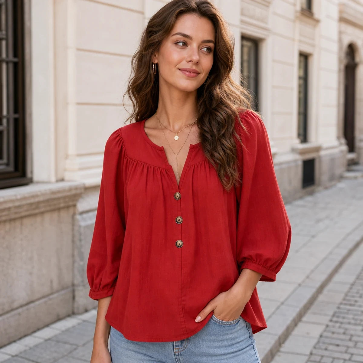 👚 Dámská letní košile s lněným vzhledem – V-výstřih, měkká, prodyšná a hladká na dotek ✨ Perfektní na každý den! 🌿