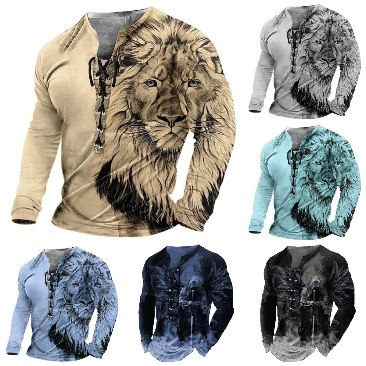 🦁🦁Męski, swobodny T-shirt z długim rękawem i nadrukiem 3D