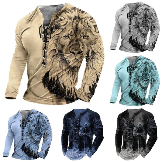 🦁🦁Męski, swobodny T-shirt z długim rękawem i nadrukiem 3D