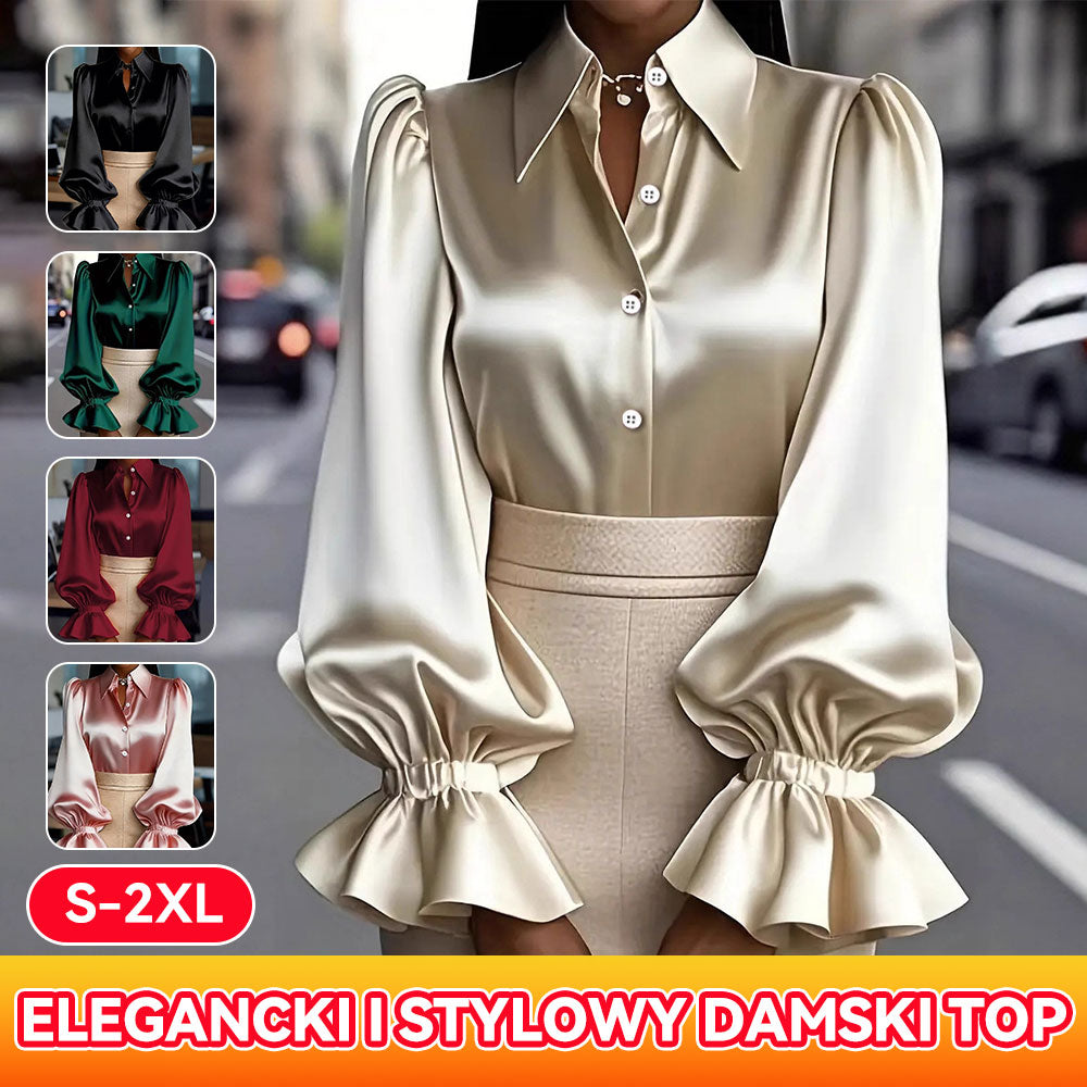 Elegancka i stylowa, jednokolorowa, satynowa koszula z długim rękawem i kołnierzykiem dla kobiet-4193195