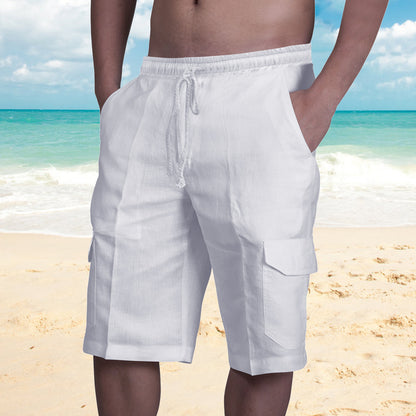👖⛵【50% zniżki 🔥】【50–100 kg】😍 Męskie lniane szorty cargo w dużych rozmiarach, idealne na plażę, ze sznurkiem i wieloma kieszeniami-4262270