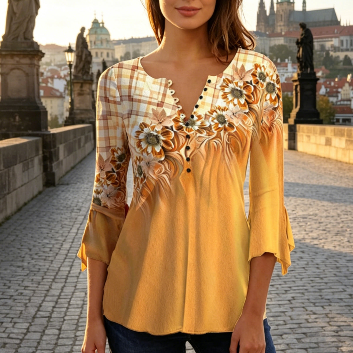 😍【Sleva 50 %!】Stylové dámské tričko s výstřihem do V [S-5XL] s velmi moderním potiskem.