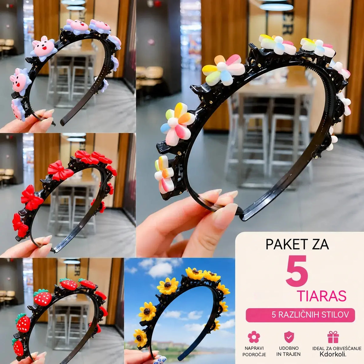 🌺👑【5dílná sada】Dětská květinová ozdobná čelenka
