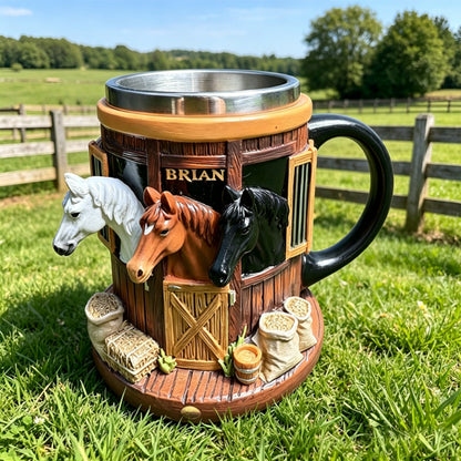 🐎3D hrnek na kávu s tématem farmy a koňské stáje, hrnek z nerezové oceli s trojrozměrným reliéfem, ideální dárek pro milovníky koní.⏳Dobírka