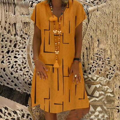 🏆【50% OFF】👗【S-5XL】Potištěné bavlněné šaty s výstřihem do V