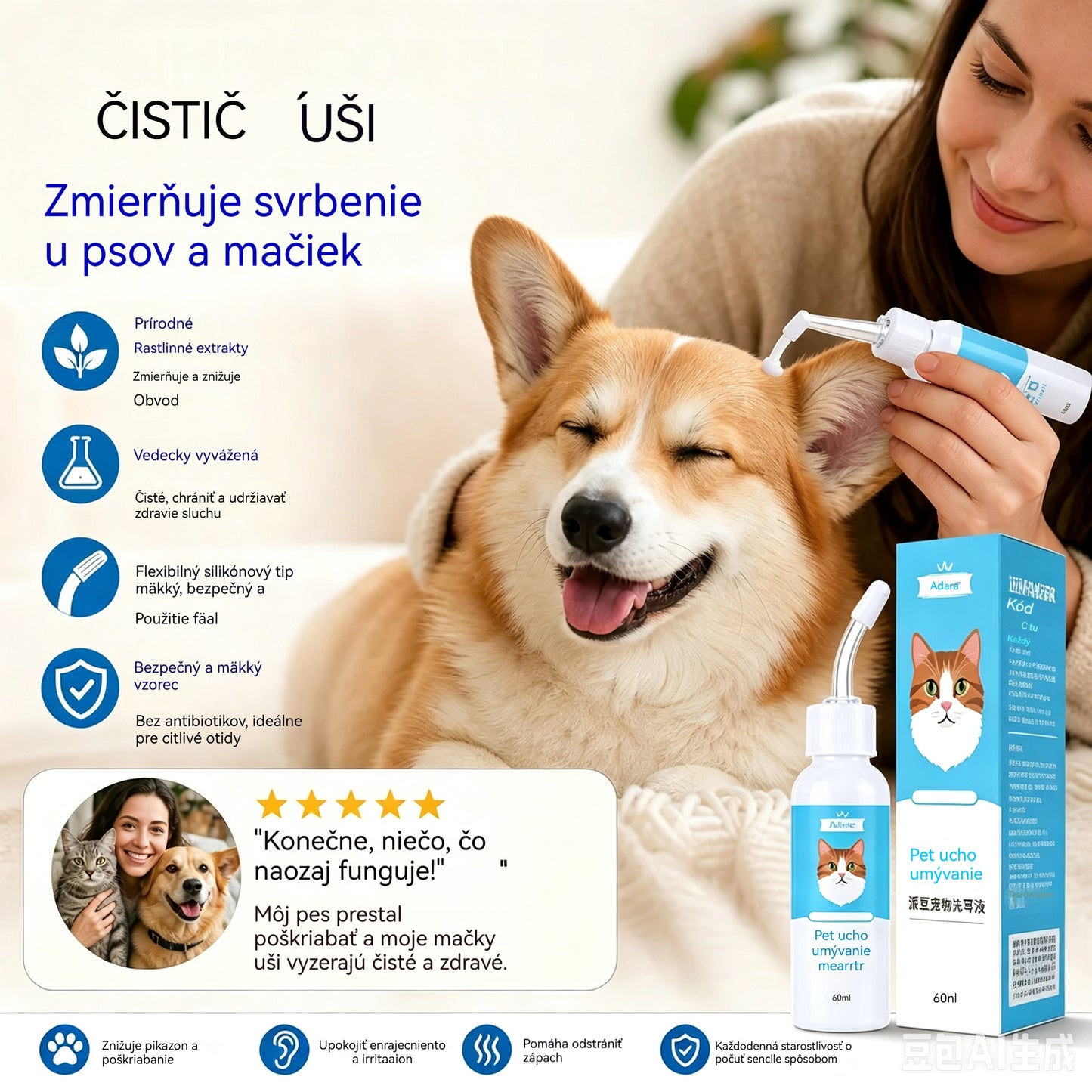 🐶🐱 Čistič uší pro úlevu od svědění uší u psů a koček.