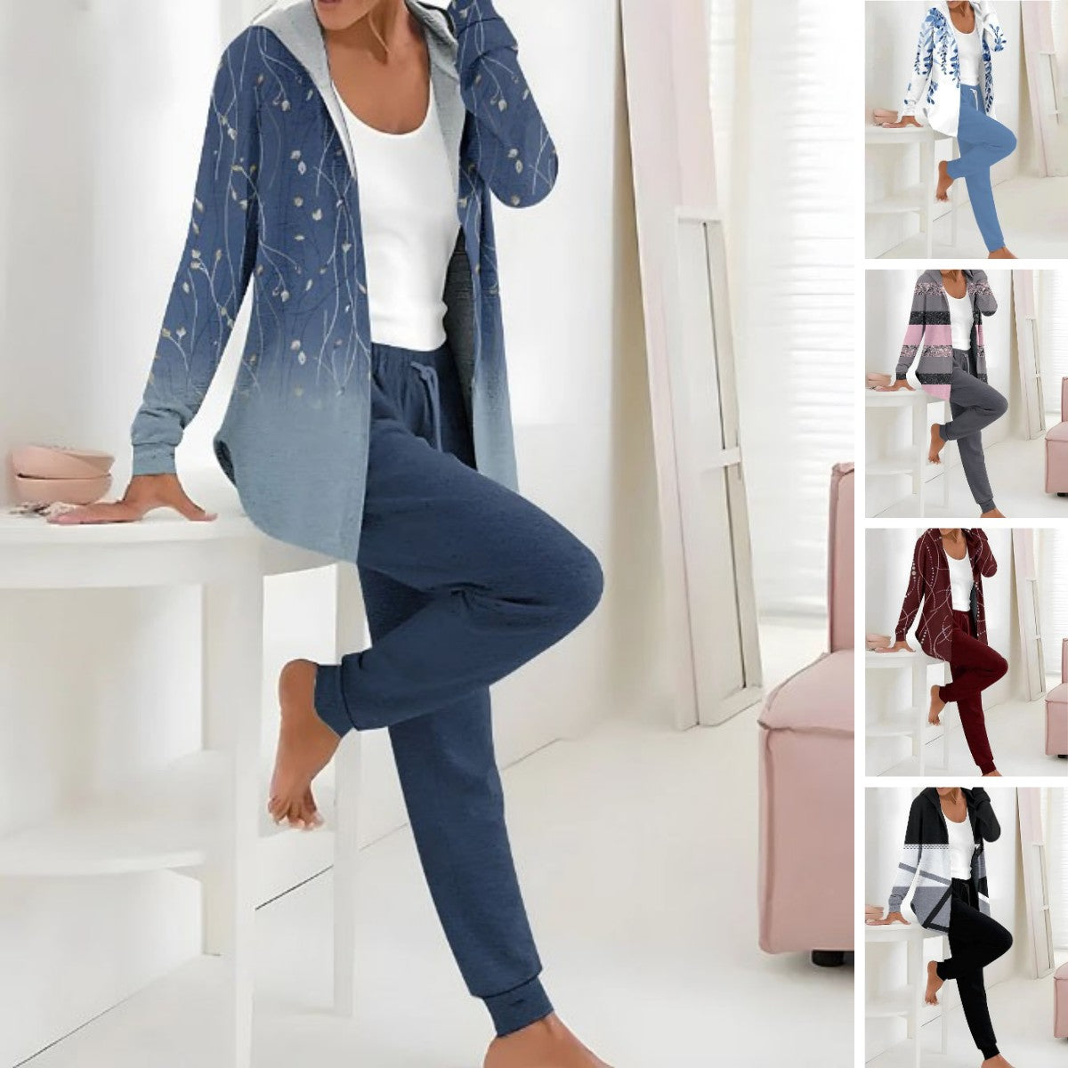 🥼👖🔥[S-3XL] Modny jesienno-zimowy damski komplet spodni z długim rękawem z nadrukiem, dwuczęściowy-3765118