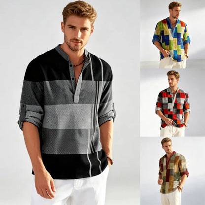 👍【S-6XL】Jarní a podzimní jednoduchá barevná bloková 3D tištěná pánská ležérní košile se stojáčkem