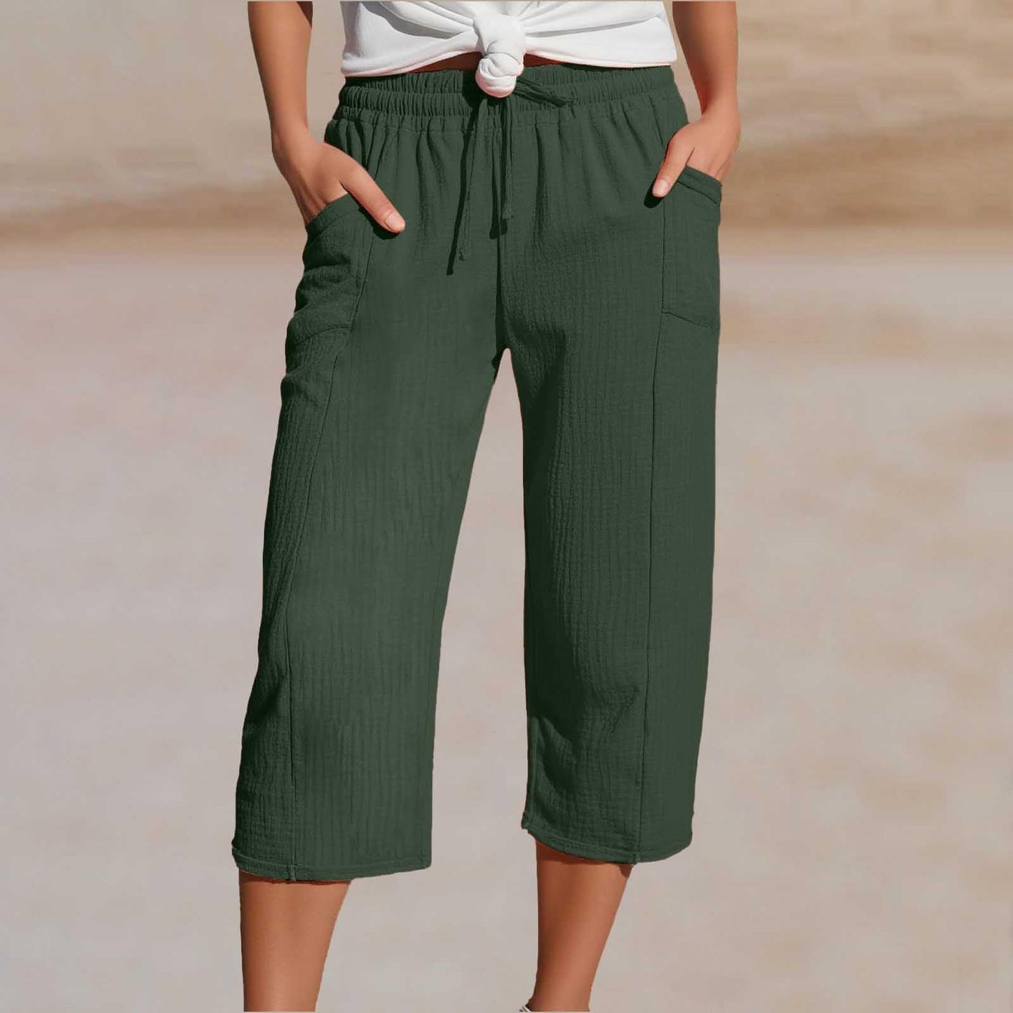 🌸【50% kedvezmény】Női egyszínű, ráncolt pamut-len hosszú (7/8-as) nadrág