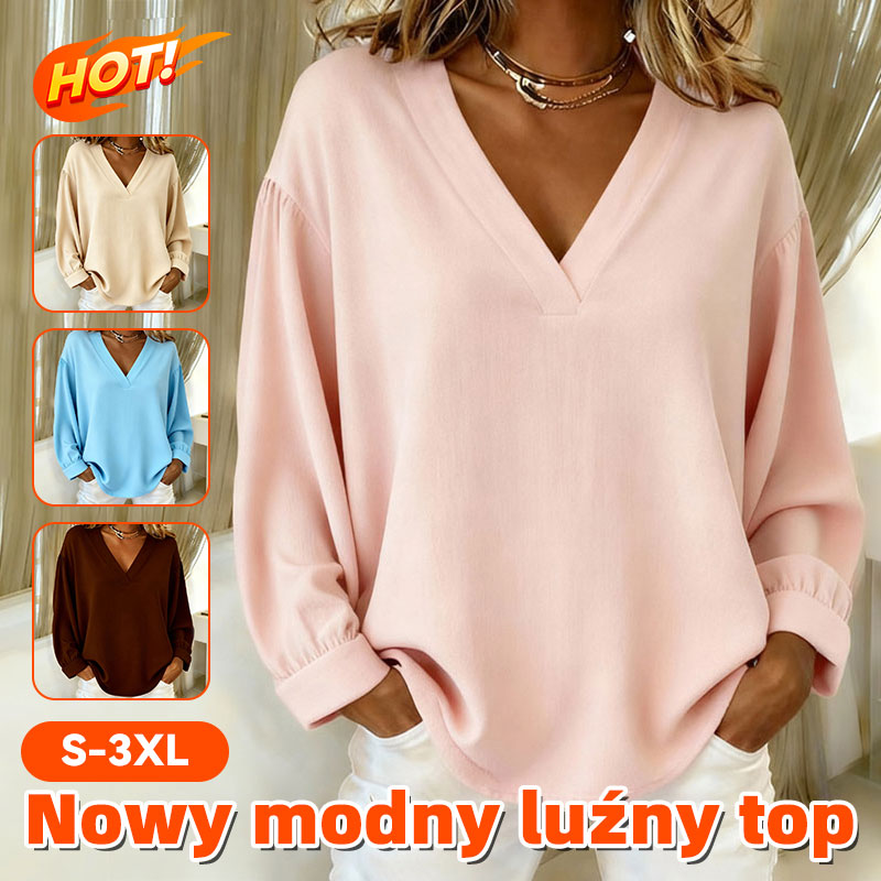 Luźny, jednokolorowy, damski T-shirt z długim rękawem i dekoltem w serek-4217273