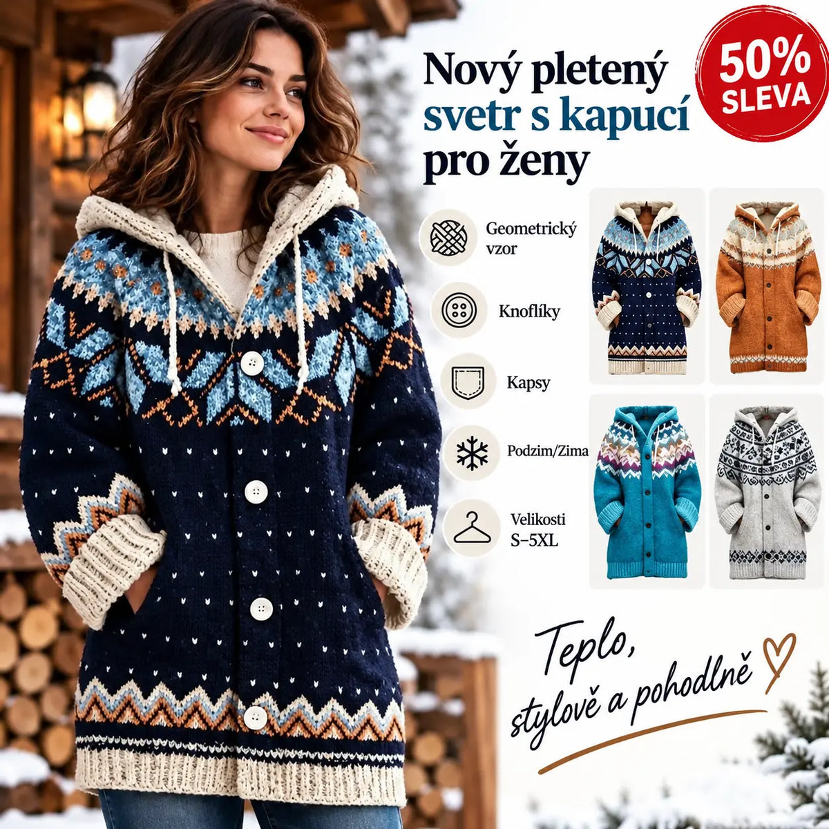 ⭐ 50% SLEVA 🔥 ✨ Nový dámský pletený svetr s kapucí, geometrickým vzorem a zapínáním na knoflíky, ideální na podzim a zimu, velikosti S–5XL.