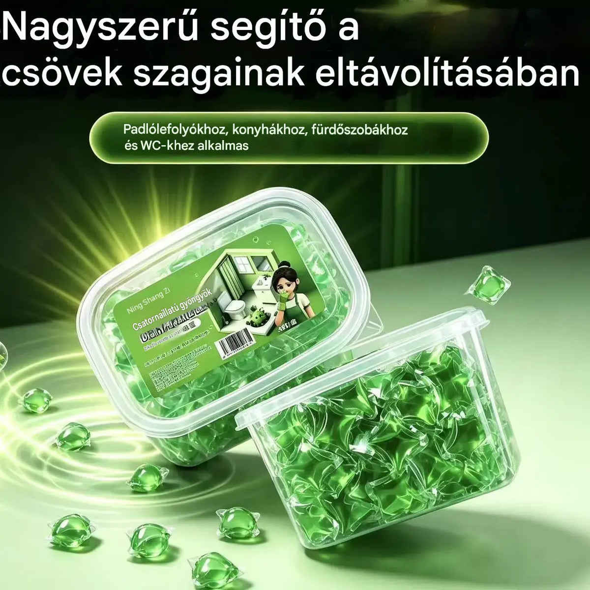 2 doboz (100 kapszula) 8400 Ft. Vízben oldódó kapszulák a lefolyószag megszüntetésére – tökéletes megoldás a szagok terjedésének megakadályozására a fürdőszobában és a konyhában.