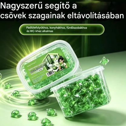 2 doboz (100 kapszula) 8400 Ft. Vízben oldódó kapszulák a lefolyószag megszüntetésére – tökéletes megoldás a szagok terjedésének megakadályozására a fürdőszobában és a konyhában.