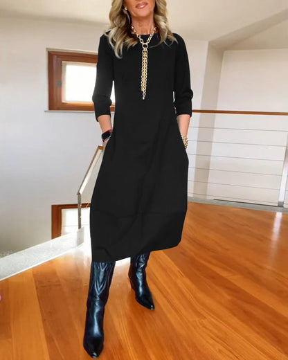 👗【S-5XL】Elegante vestido de algodón de color liso con mangas largas 4183538