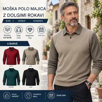 【M-4XL】 Polo majica v videzu dveh kosov z imitacijo črt v slogu patchworka