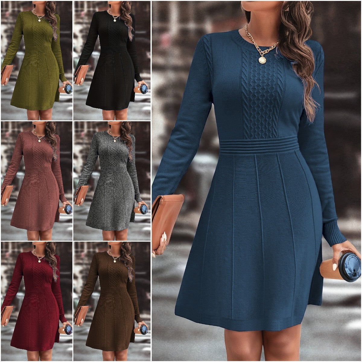 🍁🍂Damska sukienka dzianinowa na jesień/zimę, elegancka i prosta, jednokolorowa sukienka dzianinowa o dopasowanym kroju i okrągłym dekolcie-4195576