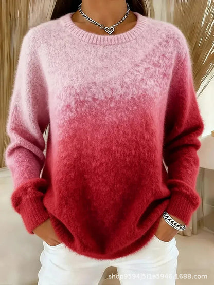 🔥【XS–5XL】Suéter de cuello redondo con diseño degradado, material afelpado, cálido y cómodo 4199969