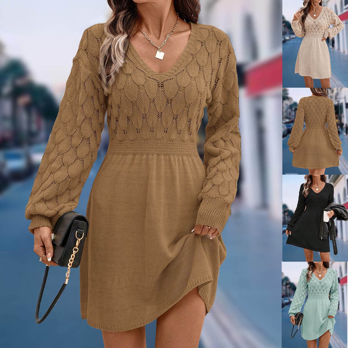🔥【S-XL】🌷🌞✨Trojrozměrné háčkované pletené šaty s dlouhými rukávy 4166446