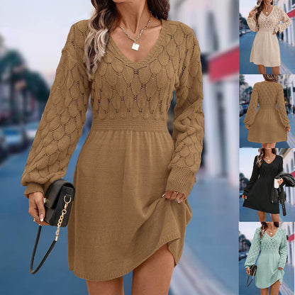 🔥【S-XL】🌷🌞✨Trojrozměrné háčkované pletené šaty s dlouhými rukávy 4166446
