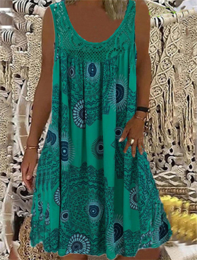 🎁👗 [S-5XL] Dámské letní šaty s límečkem bez rukávů s potiskem