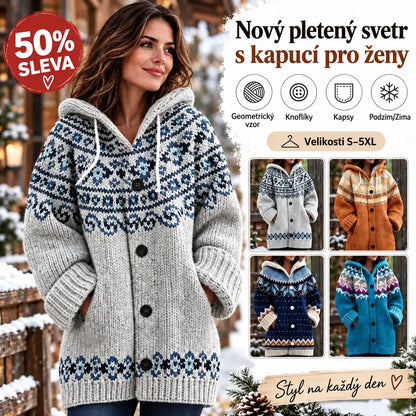 ⭐ 50% SLEVA 🔥 ✨ Nový dámský pletený svetr s kapucí, geometrickým vzorem a zapínáním na knoflíky, ideální na podzim a zimu, velikosti S–5XL.