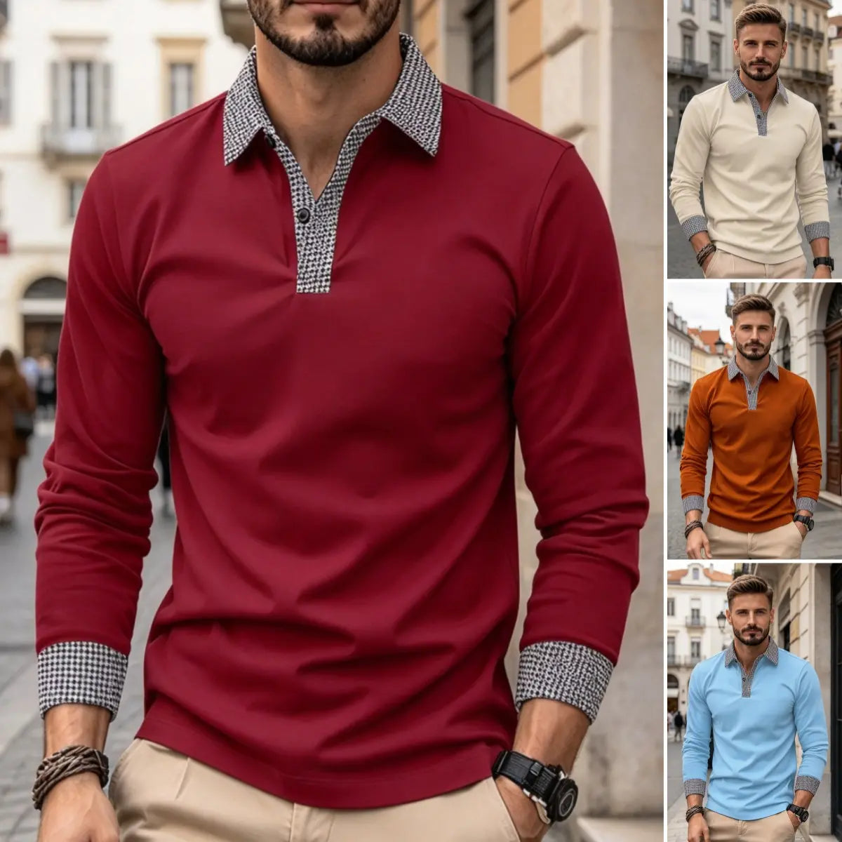 【S–3XL】Pánské módní polo tričko s dlouhým rukávem – ležérní polo tričko s kontrastním potiskem