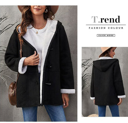 🥼🔥💖[Ograniczony czasowo rabat 43%] [S-5XL] 2024 moda i ciepło w jednym! Damska kurtka z kapturem, zamszowo-wełniana-3814045