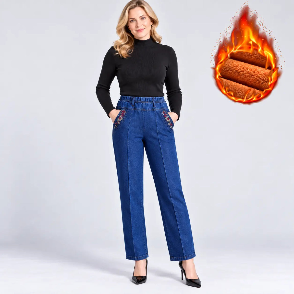 Poslední den – 50% sleva 【L–4XL】Zateplené dámské zimní džíny s vysokým pasem a pružným materiálem, lichotivý střih a snadné kombinování