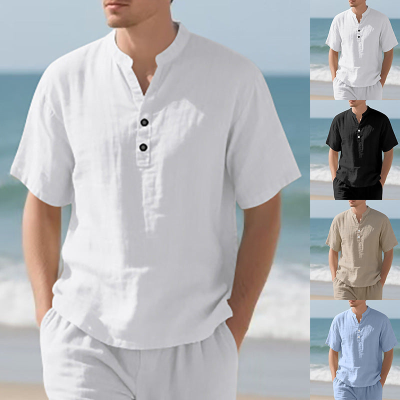 💥【S-3XL】Lenvászon állógalléros ing | Bő rövid ujjú, minden testalkatra tökéletes