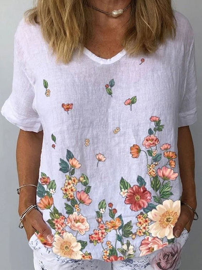 💐🌈T-shirt z krótkim rękawem i bawełnianą lnianą nadrukiem w kwiaty-3984791