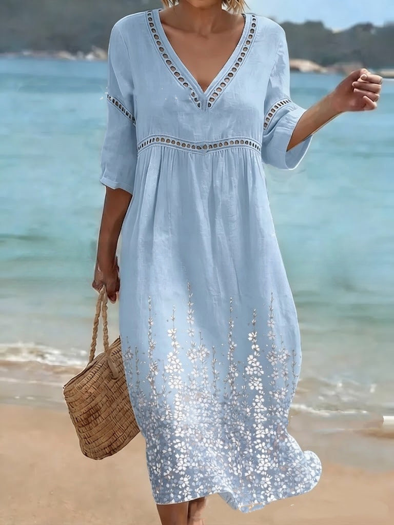 👗【S-3XL】Dámské dlouhé šaty z bavlny a lnu s potiskem – letní styl, výstřih do V