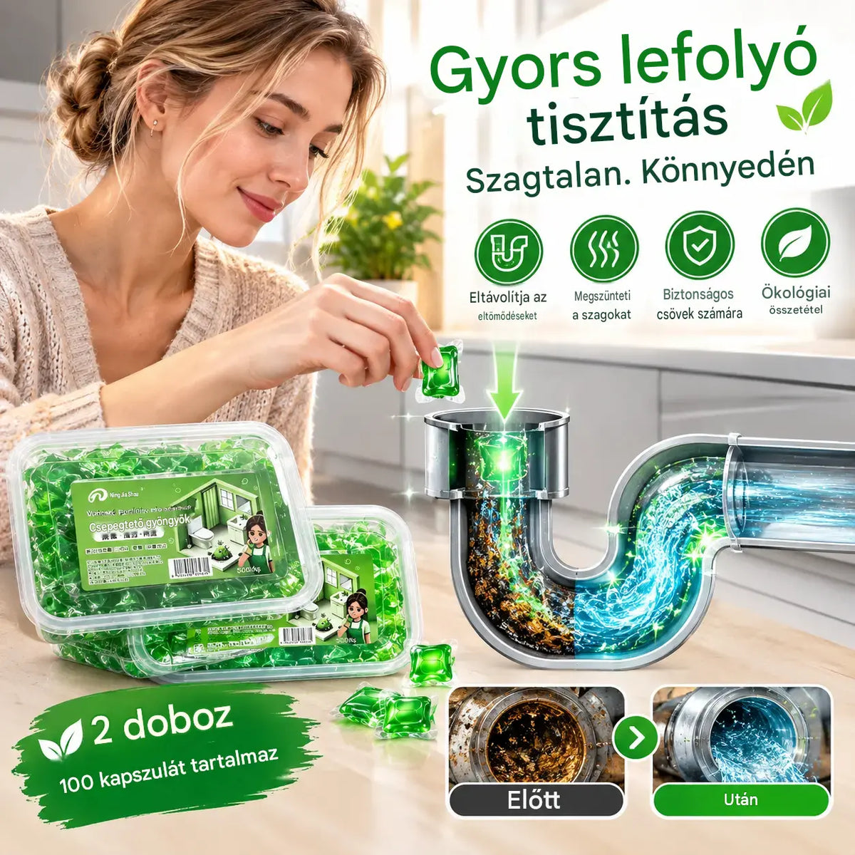 2 doboz (100 kapszula) 8400 Ft. Vízben oldódó kapszulák a lefolyószag megszüntetésére – tökéletes megoldás a szagok terjedésének megakadályozására a fürdőszobában és a konyhában.