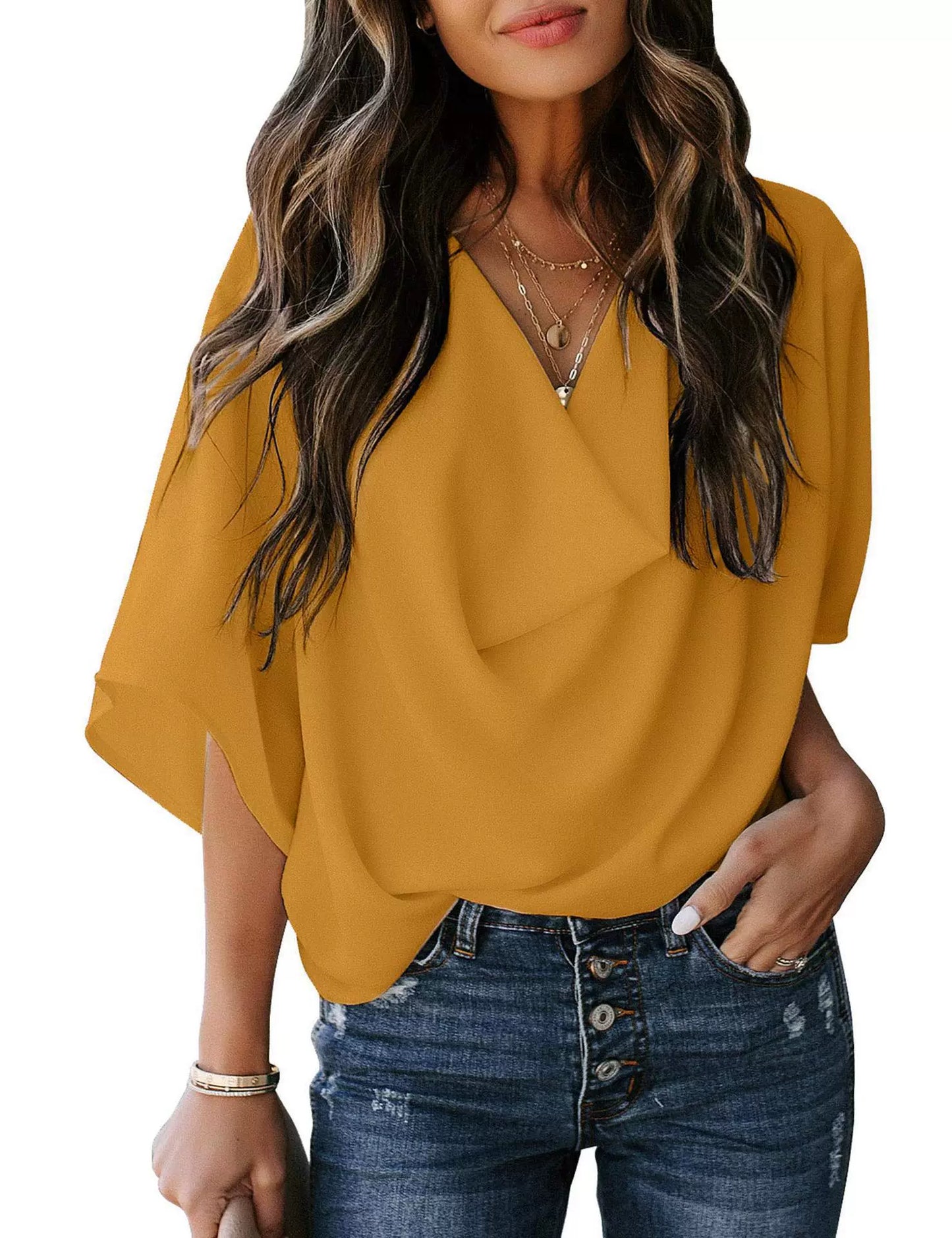 ⚡ Időkorlátos 20% kedvezmény ❗ Európai/amerikai stílusú V-nyakú sifon blúz 🌸 Bő szabás, takarja a hibákat, mindenki számára előnyös