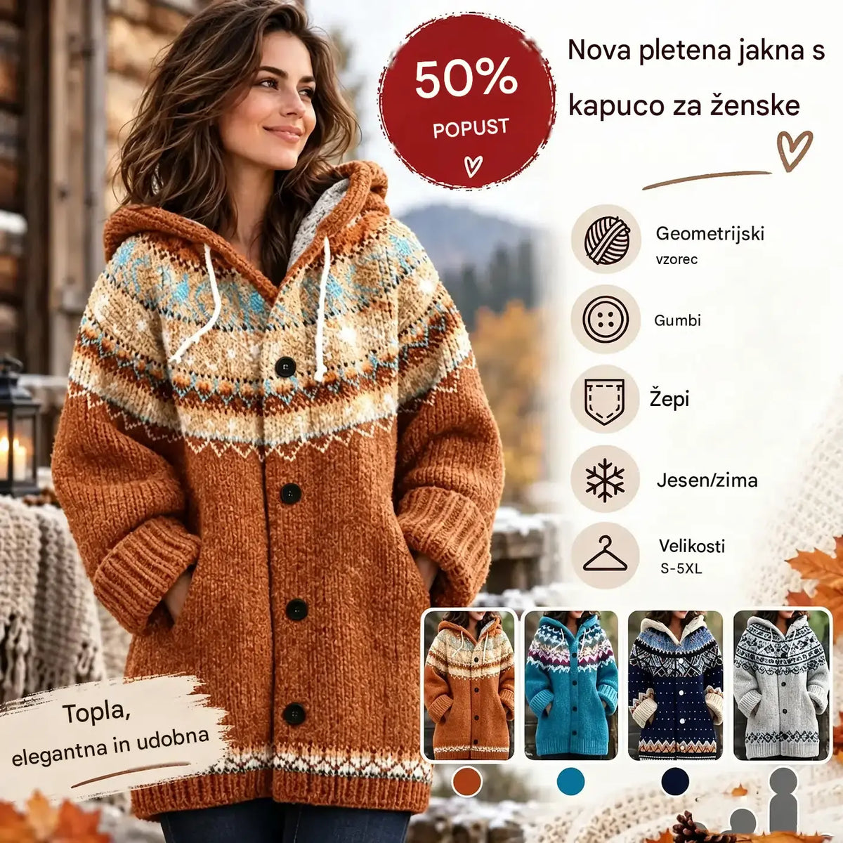 🤗🔥【S~5XL】✨Jesen/zima Nova elegantna barvita retro jakna s kapuco