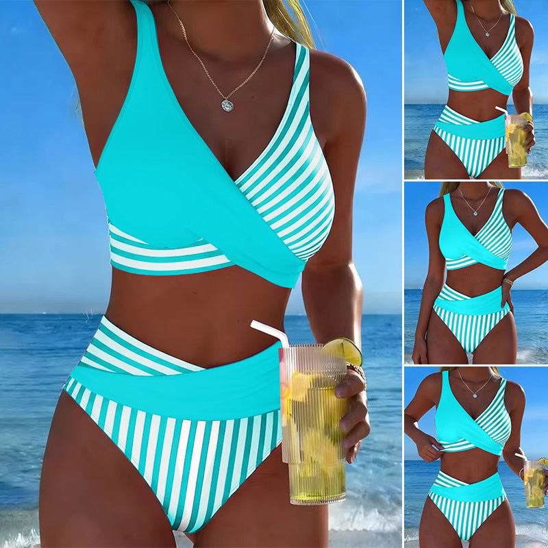 🏊‍♀️【Časově omezená speciální nabídka】❤️‍🔥Dvoudílné, barevné bikiny s bloky a pruhy🌊