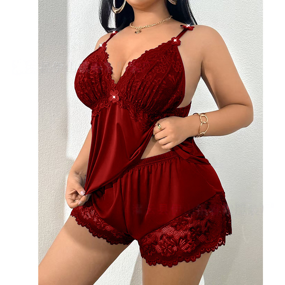 👗 50% kedvezmény 🌸 Hálóruha szett: ujjatlan felső csipke rövidnadrággal, állítható pántokkal és V-nyakkal 🛏️✨
