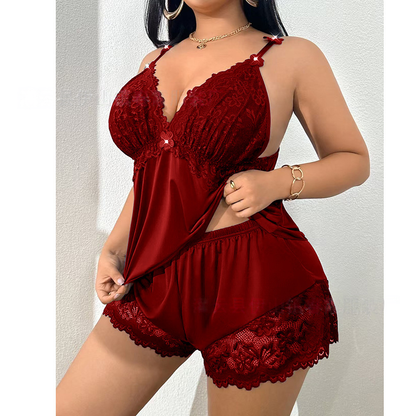 👗 50% kedvezmény 🌸 Hálóruha szett: ujjatlan felső csipke rövidnadrággal, állítható pántokkal és V-nyakkal 🛏️✨
