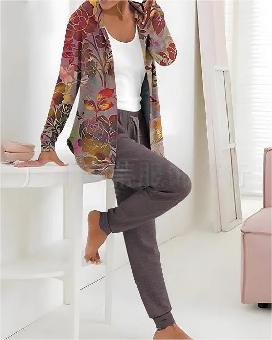 🥼👖🔥[S-3XL] Modny jesienno-zimowy damski komplet spodni z długim rękawem z nadrukiem, dwuczęściowy-3765118