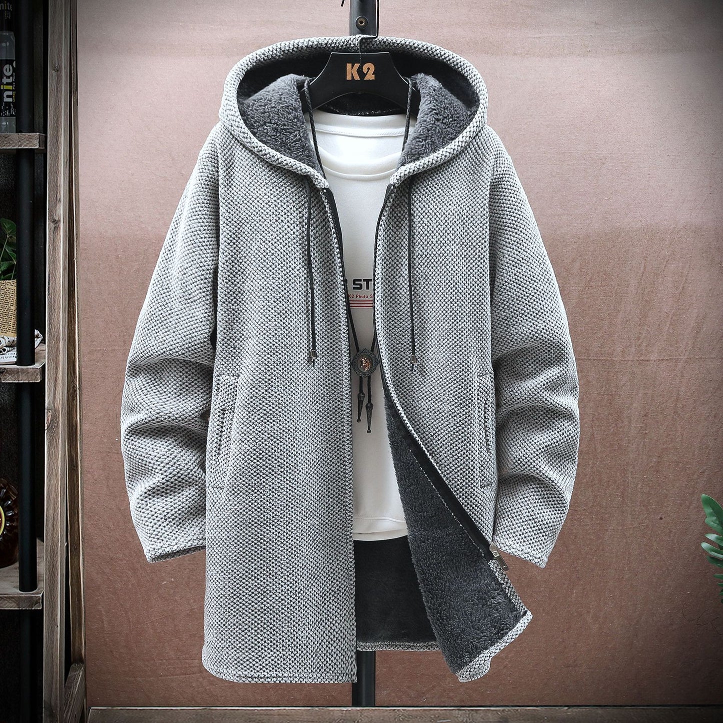 【M-5XL】Męski sweter dzianinowy z kapturem, średniej długości-4177384