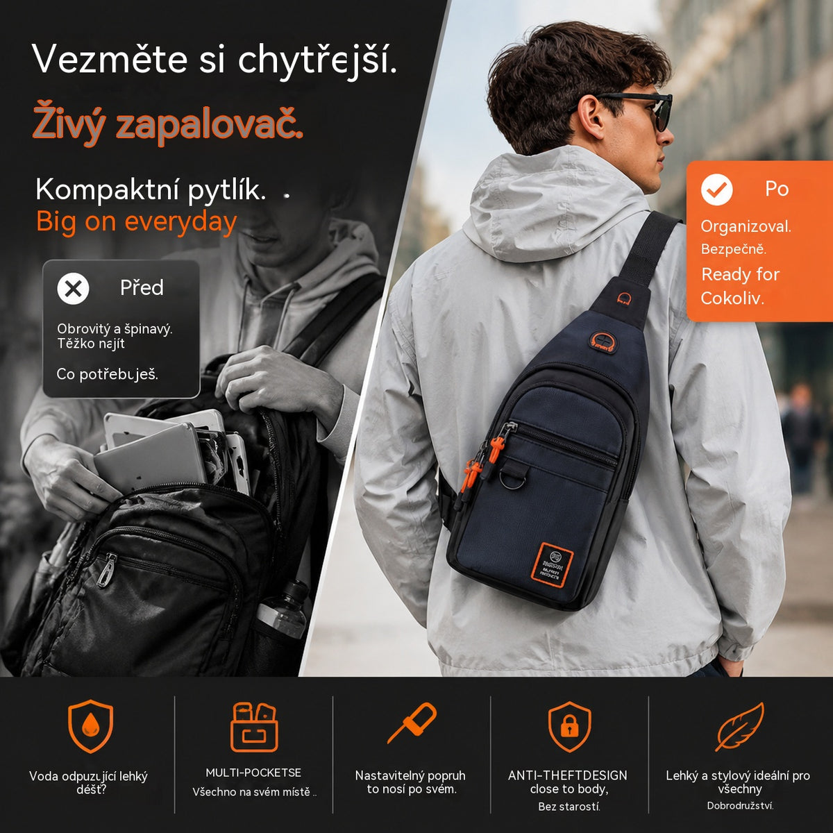 【Kupte 1, získejte 1 zdarma】🎒 ✨ Voděodolná crossbody taška s více kapsami – organizovaný úložný prostor, nastavitelný popruh, konektor pro sluchátka