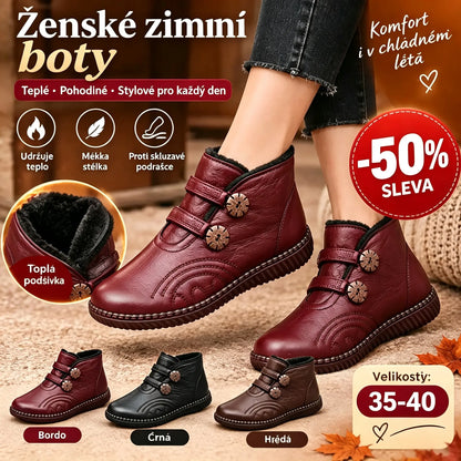 💥【Bestseller!】【Velikosti 35-40】Nové protiskluzové bavlněné zimní ploché kozačky, kotníkové boty, teplé kožené kozačky, bavlněné boty