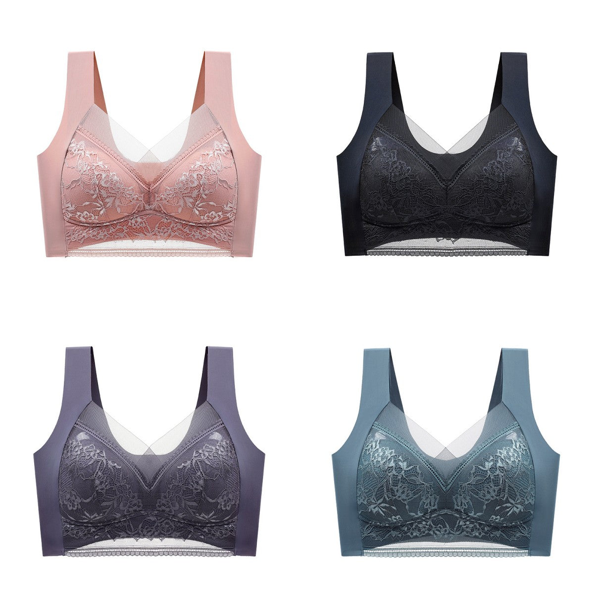 🥰【1 komplet 4 sztuki】👙【40-110 KG】Damski wygodny, bezszwowy koronkowy biustonosz