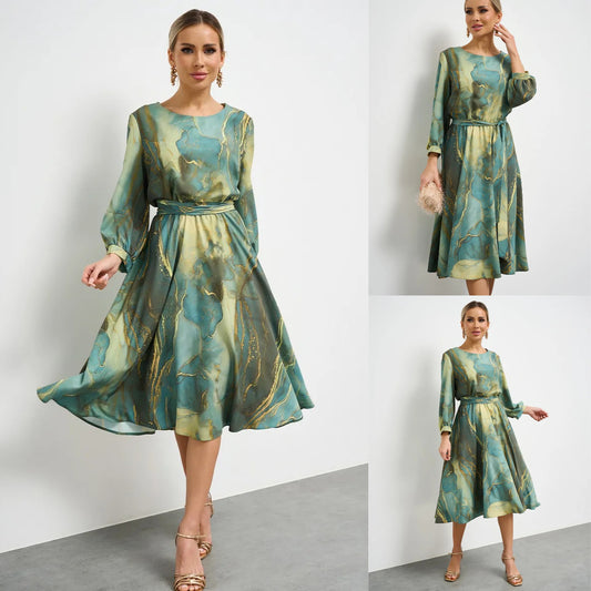 🌲👗【S-5XL】Elegancka zielona sukienka z nadrukowanymi rękawami