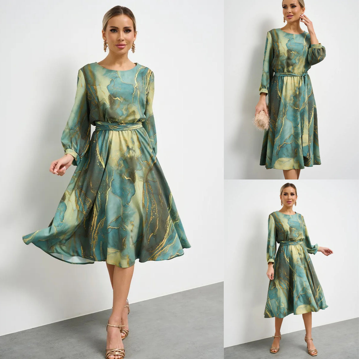🌲👗【S-5XL】Elegancka zielona sukienka z nadrukowanymi rękawami