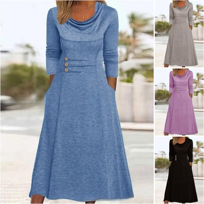 【S-3XL】Nowa jesienna sukienka w jednolitym kolorze z okrągłym dekoltem i kieszenią w talii zapinaną na guziki