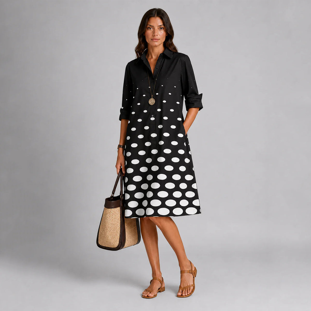 💖【S-5XL】Stylové a elegantní dlouhé šaty s potiskem, košilový límec, dlouhý rukáv, midi délka
